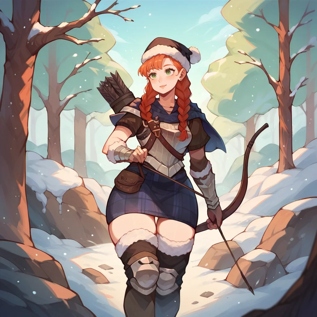 score_9, score_8_up, score_7_up, score_6_up, score_5_up, score_4_up, outside in the forest, snow,
<lora:Yunifi_Unicorn_Overlord_XL:1> yunifi, orange hair, green eyes, twin braids, santa hat, skirt, wide hips, armor, holding weapon, bow and arrow