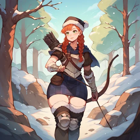 score_9, score_8_up, score_7_up, score_6_up, score_5_up, score_4_up, outside in the forest, snow,
<lora:Yunifi_Unicorn_Overlord_XL:1> yunifi, orange hair, green eyes, twin braids, santa hat, skirt, wide hips, armor, holding weapon, bow and arrow