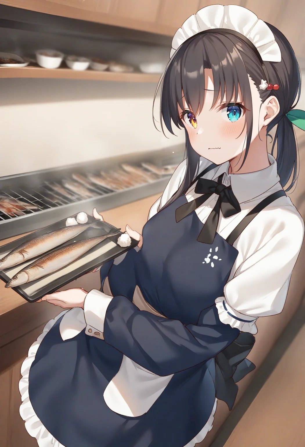 1girl,sincos, ningen mame, toosaka asagi,solo,medium breasts,20yo,maid,maid headdress,
saury, fish, apron, food, tray,holding tray,indoors, <lora:saury_XL_v1:0.8>
from side, fisheye lens, looking to the side, black hair, heterochromia,wavy mouth, closed mouth, single hair,,
best quality, very aesthetic, absurdres