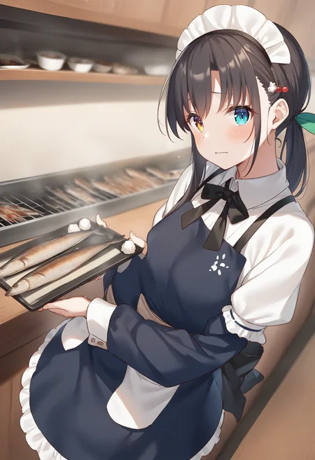 1girl,sincos, ningen mame, toosaka asagi,solo,medium breasts,20yo,maid,maid headdress,
saury, fish, apron, food, tray,holding tray,indoors, <lora:saury_XL_v1:0.8>
from side, fisheye lens, looking to the side, black hair, heterochromia,wavy mouth, closed mouth, single hair,,
best quality, very aesthetic, absurdres