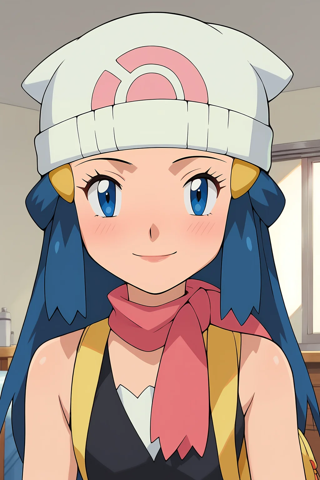 score_9, score_8_up, score_7_up, score_6_up, BREAK, DawnPXL, blue eyes, blue hair, long hair, ornament hair, white beanie, small breasts, yellow bag, pink scarf, sleeveless, black shirt, solo, front view, (portrait, upper body), solo focus, seductive smile, looking at viewer, indoors <lora:DawnPXL:1>