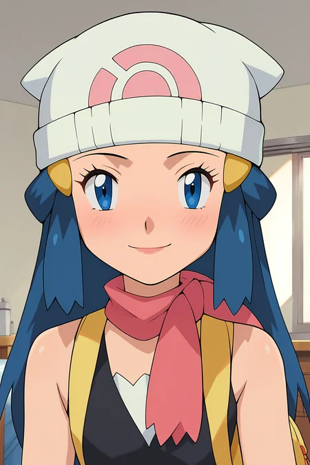 score_9, score_8_up, score_7_up, score_6_up, BREAK, DawnPXL, blue eyes, blue hair, long hair, ornament hair, white beanie, small breasts, yellow bag, pink scarf, sleeveless, black shirt, solo, front view, (portrait, upper body), solo focus, seductive smile, looking at viewer, indoors <lora:DawnPXL:1>