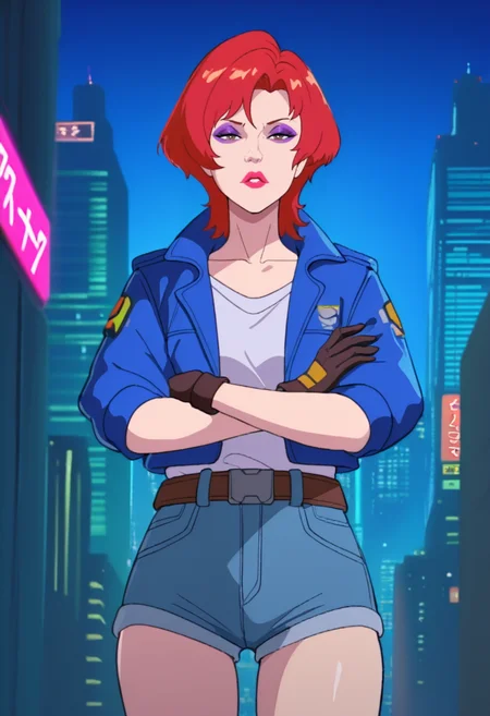 best quality, masterpiece, absurdres, newest, highly detailed, (official style: 1.1), cartoon, parody,
<lora:TMNT_1987_-_Cartoon_Screen_Captured_Style:1> 1987tmnt5tyl3, science fiction, \(cyberpunk 2077\), 1girl, jacket, jean shorts, belt, gloves, shirt, makeup, lipstick, looking at viewer, city scenery, arms crossed,
