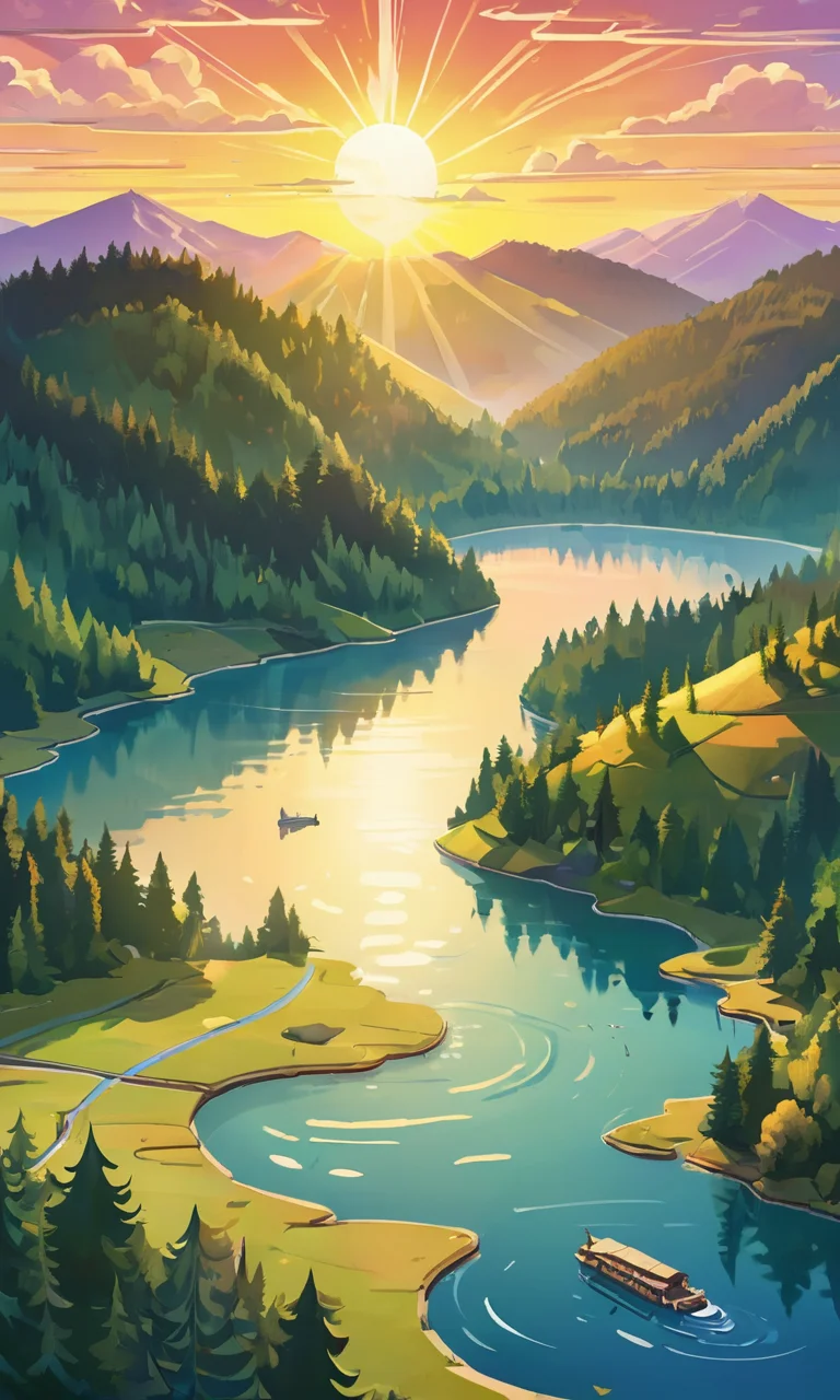 4n1v3rs3, zPDXL2, a high resolution cartoon style Illustration of Aerial view of sunrise over a serene lake surrounded by rolling hills and dense forests. The sun rises above the horizon, casting a soft glow over the water, rendered in a colorful cartoon style, with bright colors and clear lines , well detailed, colorful, eye pleasing, SimplePositiveXLv2, <lora:add-detail-xl:2>