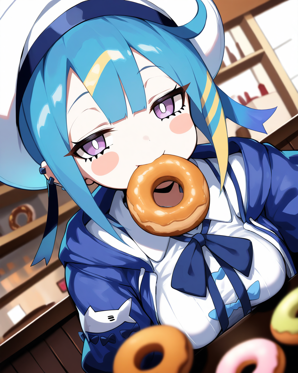 1girl,
LiveTwinLil-laYu-Gi-Oh,
sensitive, solo, dynamic angle, upper body, chibi,
looking viewer, blush stickers,
dating, eating, donuts, light smile,
sailor hat, hat ribbon, 
hooded jacket, neck ribbon, puffy sleeves,
collared dress,
breasts,
cafe,
depth of field,
<lora:kp_LiveTwinLil-laYu-Gi-OhAnimagineXL_v1_1:1.0>,
masterpiece, high score, great score, absurdres