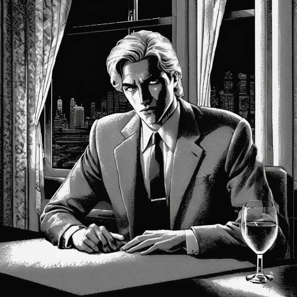 <lora:Macpaint-XL-000015:1>, Macpaint, black and white pixel image of a blonde haired man in a suit sitting at a table in a restaurant at night, bottle, plant and curtain in background, with a window, film noir, pixel art, best quality, 80s, masterpiece, dithering