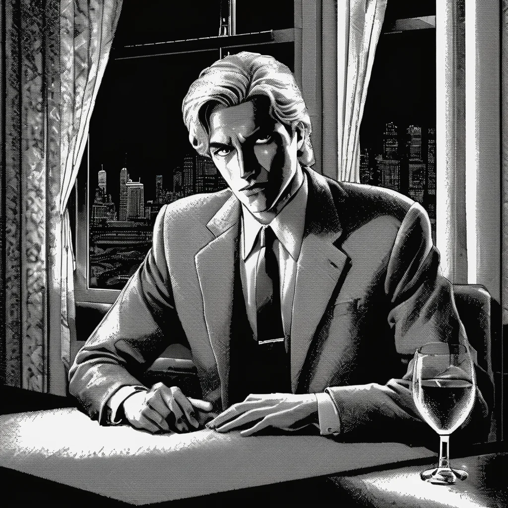 <lora:Macpaint-XL-000015:1>, Macpaint, black and white pixel image of a blonde haired man in a suit sitting at a table in a restaurant at night, bottle, plant and curtain in background, with a window, film noir, pixel art, best quality, 80s, masterpiece, dithering