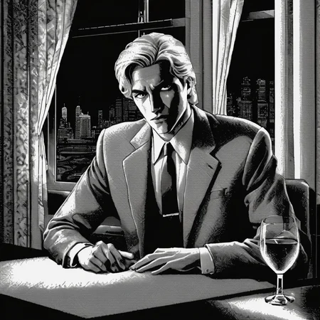 <lora:Macpaint-XL-000015:1>, Macpaint, black and white pixel image of a blonde haired man in a suit sitting at a table in a restaurant at night, bottle, plant and curtain in background, with a window, film noir, pixel art, best quality, 80s, masterpiece, dithering