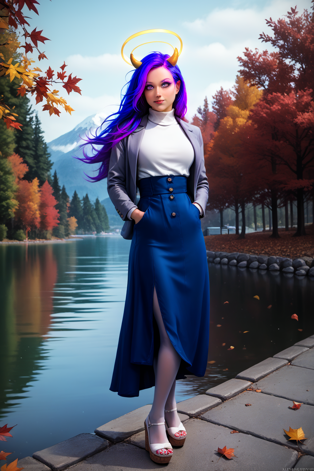 score_9, score_8_up, score_7_up, 1girl, source_anime, detailed, solo, 1RyS, heterochromia, purple eye, blue eye, horns, double halo, multicolored hair, purple hair, long hair, grey blazer, white turtleneck, high-waist skirt, blue skirt, pantyhose, hands in pocket, outdoors, autumn, lake, tree, mountain, falling leaves, wind, Wedge Heels, (Cork Wedges:1.3). Nail Polish, Toenail Polish.