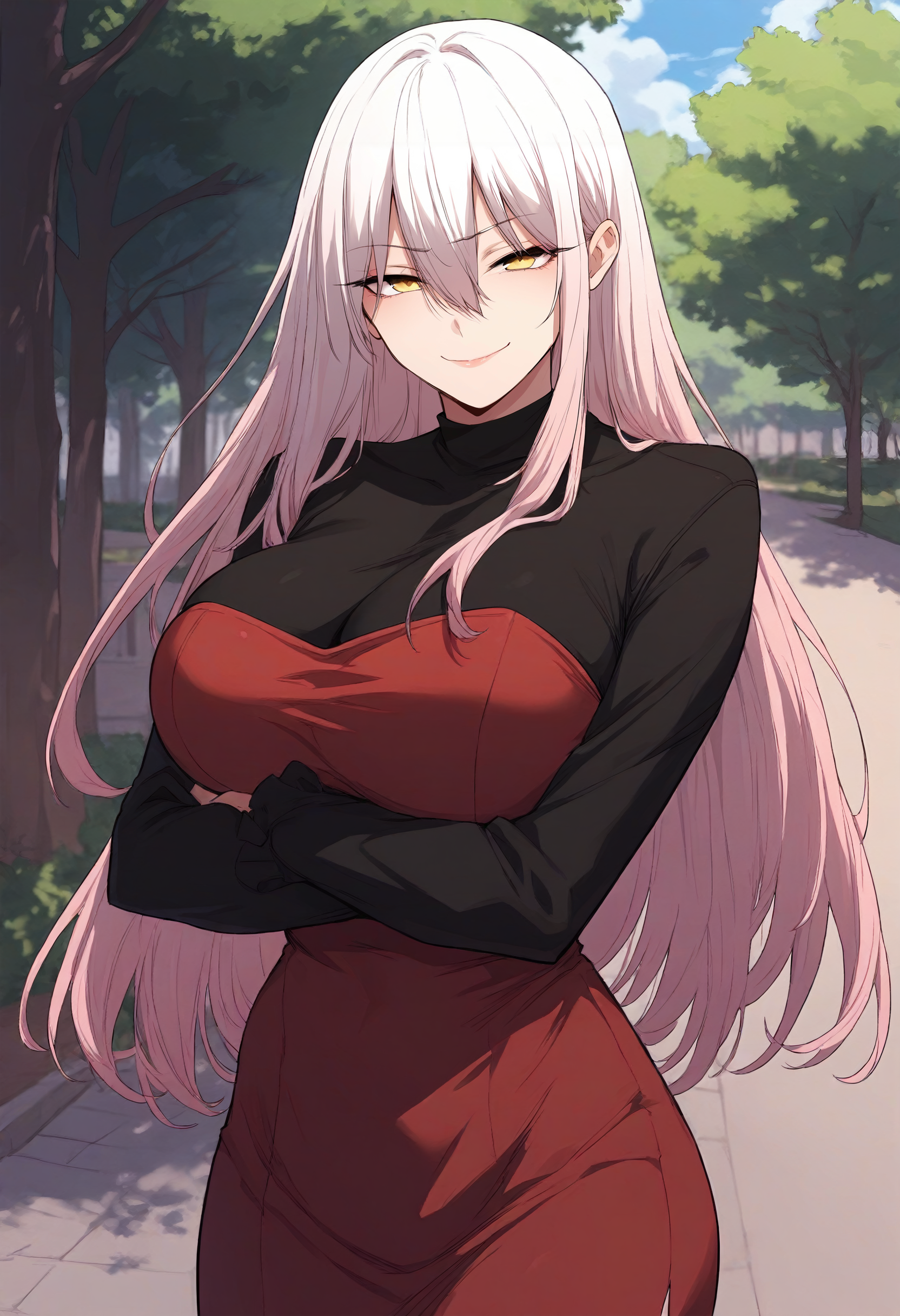 score_9, score_8_up, score_7_up, score_6_up, source_anime, rating_explicit, 1girl, solo, huge breasts,<lora:Cupid King prefectPonyxl:0.85>long hair, hair between eyes, yellow eyes, white hair, pink hair, sidelocks, black shirt, long sleeves, strapless, red dress, half-closed eyes, smirk, park, outdoors, looking at viewer, crossed arms