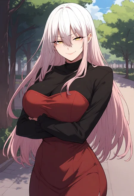 score_9, score_8_up, score_7_up, score_6_up, source_anime, rating_explicit, 1girl, solo, huge breasts,<lora:Cupid King prefectPonyxl:0.85>long hair, hair between eyes, yellow eyes, white hair, pink hair, sidelocks, black shirt, long sleeves, strapless, red dress, half-closed eyes, smirk, park, outdoors, looking at viewer, crossed arms