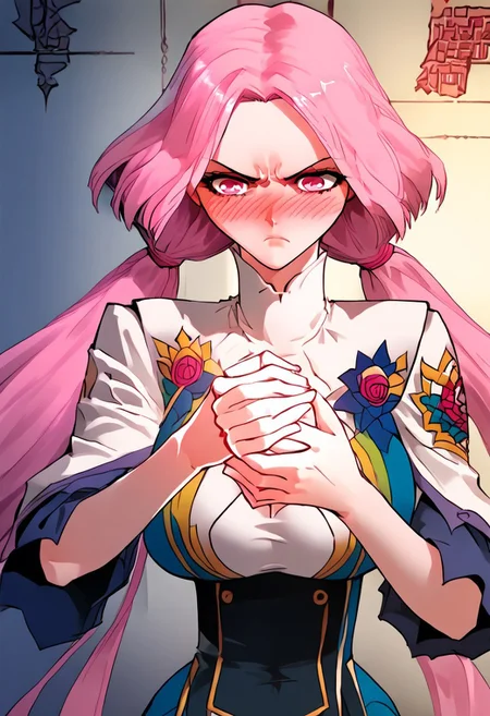score_9,score_8_up,score_7_up,score_6_up,source_anime, (best quality), (masterpiece), (extremely detailed), (finely detailed), (detailed face, perfect face, perfect eyes, beautiful detailed shading), (perfect hands), (full colors), blush,
BREAK,
cowboy shot, upper body,
1girl, solo, 纳兰嫣然, pink hair, twintails, long hair, pink eyes, large breasts, fighting pose,
