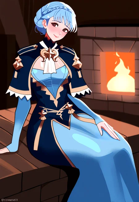 very awa, masterpiece, best quality, year 2024, newest, highres, absurdres, <lora:age_slider_v4:3> <lora:thicc_v1.4-pony:1.2>,detailed_background,indoors,marianne von edmund,closed mouth,braid,head tilt,fire emblem,breasts,long sleeves,short hair,1girl,blue dress,blue capelet,nintendo,fire emblem: three houses,crown braid,sitting,blue hair,highres,solo,dress,medium breasts,chimney \(chimney0311\),sleeves past wrists,brown eyes,capelet,smile
