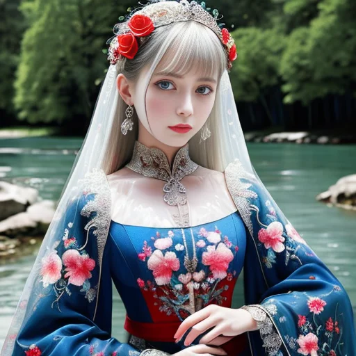 original, (masterpiece), (illustration), (extremely fine and beautiful), (perfect details), (beautiful and clear background:1.25), (depth of field:0.7), (stands aside the river:1.15). (cute:1.3), (detailed beautiful eyes:1.3), (beautiful face:1.3), silver hair, silver ear, (pink hair:0.7), (pink ear:0.7), long hair, (hair blowing with the wind:1.1), (blue eye:1.1), (female internet celebrity:1.2), butterflys flying around, (moon light:0.6), tree, (summer), (night:1.2), (close-up:0.35), (gloves:0.8), solo,upper body,hjy, a woman in a red and blue dress with a bird on it<lora:hjy-10:0.8>