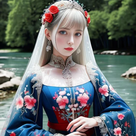 original, (masterpiece), (illustration), (extremely fine and beautiful), (perfect details), (beautiful and clear background:1.25), (depth of field:0.7), (stands aside the river:1.15). (cute:1.3), (detailed beautiful eyes:1.3), (beautiful face:1.3), silver hair, silver ear, (pink hair:0.7), (pink ear:0.7), long hair, (hair blowing with the wind:1.1), (blue eye:1.1), (female internet celebrity:1.2), butterflys flying around, (moon light:0.6), tree, (summer), (night:1.2), (close-up:0.35), (gloves:0.8), solo,upper body,hjy, a woman in a red and blue dress with a bird on it<lora:hjy-10:0.8>