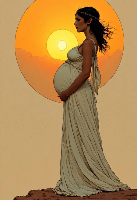 classic figure study, STYLE: "A fusion of Raimundo de Madrazo y Garreta + Moebius modern art ink drawing beautiful detailed mysterious ominous." :: pregnant elf-mother silhouetted by sunset, in profile, wearing a sundress, skirt blowing in the breeze, distinctive face, detailed skin & texture, style of ligne claire (minimalism:1.5) digital ink visuals, complex, deep background,
The golden ratio and geometric principles guide element placement, ensuring harmony and order.