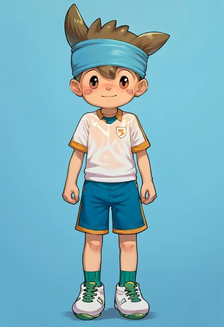 score_9, score_8_up, score_7_up, source_anime, highly detailed, young, 1boy, solo, cute boy, nishizonoshinsuke, brown eye, brown hair, spike hair, pink blush marks, small nose, headband, sportswear, soccer uniform