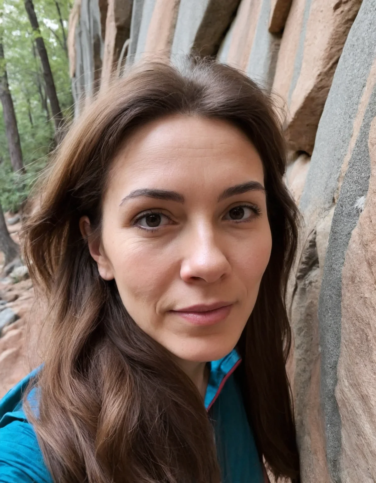 amateur cellphone photography cute Wisdom Years woman with Medium brown Zigzag part hair at rock climbing spot . f8.0, samsung galaxy, noise, jpeg artefacts, poor lighting,  low light, underexposed, high contrast