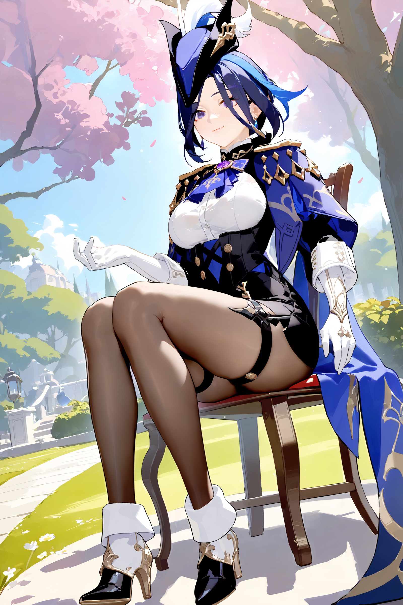masterpiece, best quality, perfect features, intricate details, ray tracing, newest,(hitenkei, askzy:0.4), 1girl, clorinde \(genshin impact\), tricorne, black pantyhose, earrings, blue cape, white gloves, pencil skirt, white shirt, thigh strap, underbust, ascot, fold-over boots, black jacket, light smile, garden, outdoors, depth of field, full body, sitting, chair, flower, tree <lora:quality1:0:hr=1>,  <lora:Char-Genshin-Clorinde-XL-V1:0.9>