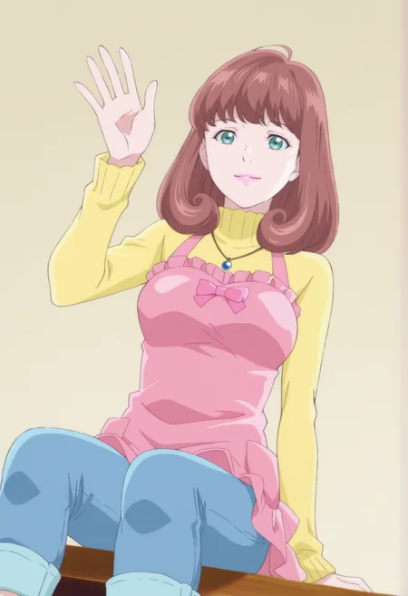 anime screencap, anime coloring, 1girl, solo, <lora:DX888MiraIL:1>gotokuji mira, aqua eyes, brown hair, medium hair, pink lips,necklace, yellow sweater, turtleneck sweater, pink apron, capri pants, jeans BREAK beige background, dithered background, BREAK dutch angle, from below, dynamic pose, posing, smile, waving, sitting,