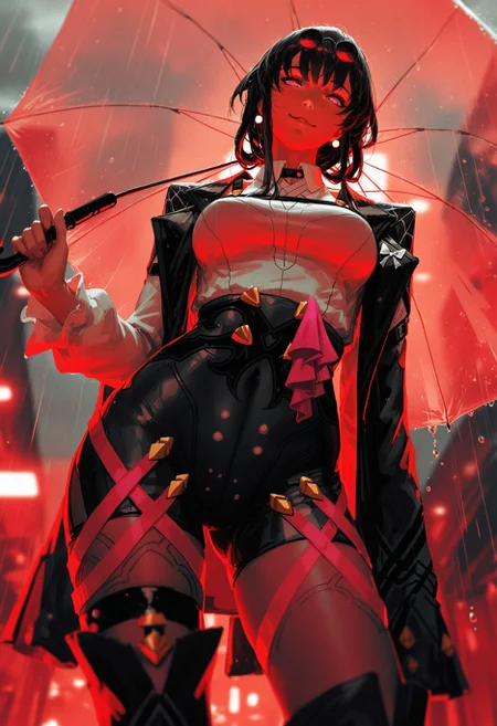 (guweiz, konya karasue, dino \(dinoartforame\):1.2), film grain, cinematic, limited palette, realistic, sketch, red theme,
masterpiece, best quality, amazing quality, very aesthetic,
(dynamic angle), dutch angle, from below, long shot,
1girl, (solo:1.2), kafka \(honkai: star rail\), holding transparent umbrella, looking at viewer, smug, head tilt, tall, narrow waist, contrapposto,
grey sky, storm, rain, water drop,
indoors, blurry background, backlighting, depth of field, perspective,
<lora:nhl-001-20:0.75> nhl-001