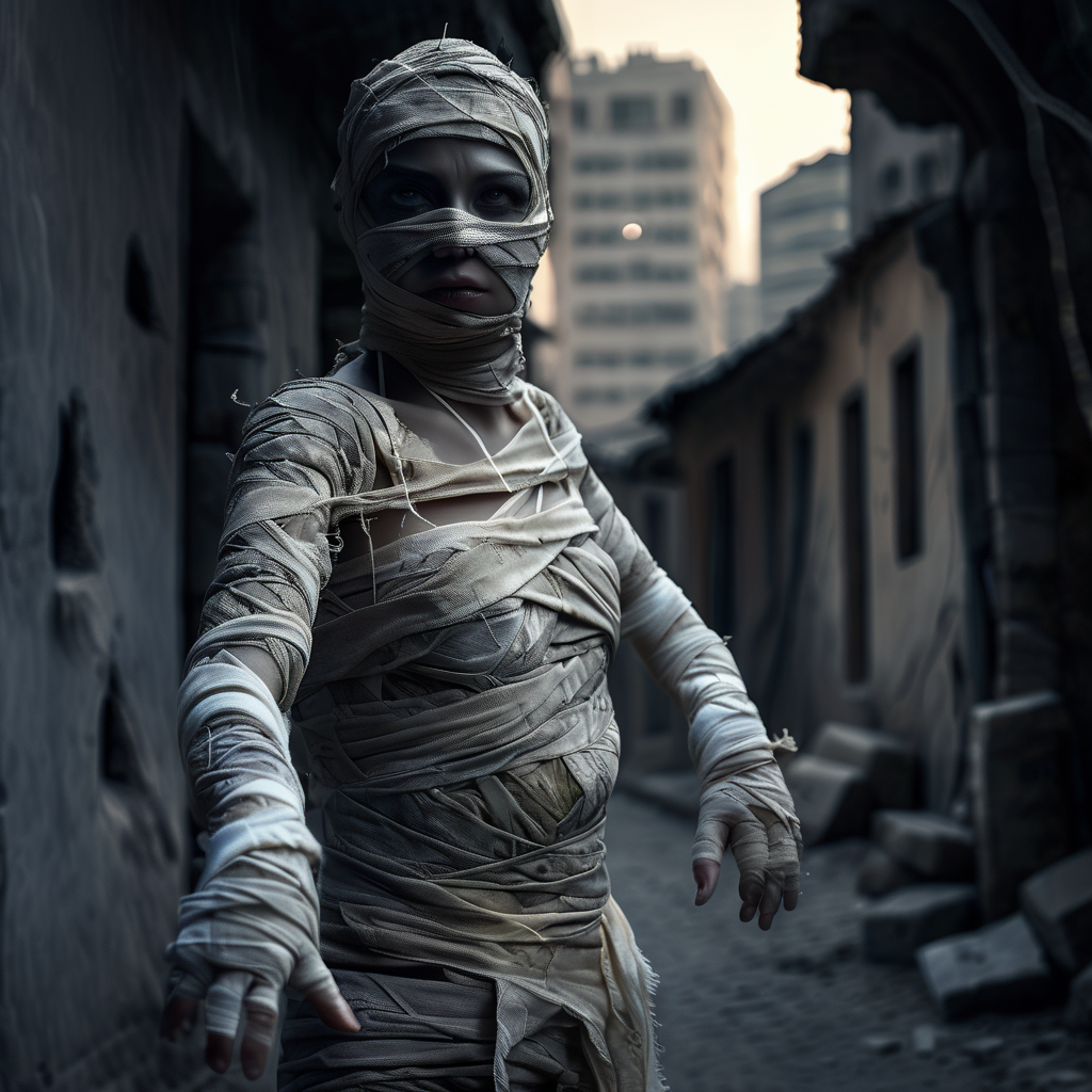 mummy city, bandages, professional photo, very detailed and dramatic, expressive cinematic, darkness, bokeh f1.2<lora:mummy:1>