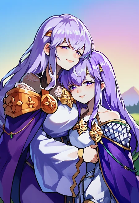 score_9, score_8_up, score_7_up, source_anime, 2girls, looking at viewer, smile, hug, BREAK <lora:fedeirdre-pdxl-nvwls-v1:1>, defdrd, wavy hair, white hair, long hair, purple eyes, circlet, purple cape, white dress, off-shoulder dress, wide sleeves, long dress, purple belt, large breasts, BREAK <lora:Julia-pdxl_Fp:1>, juliafe4, purple hair, purple eyes, circlet, white dress, bare shoulders, purple cape, ribbon, brooch, outdoors, white sleeves,
