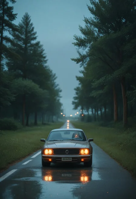 Score_PnyReal C4M3R403, no humans, scenery, outdoors, tree, ground vehicle, road, sky, motor vehicle, night, building, day, car, grass, reflection, grainy, film photography