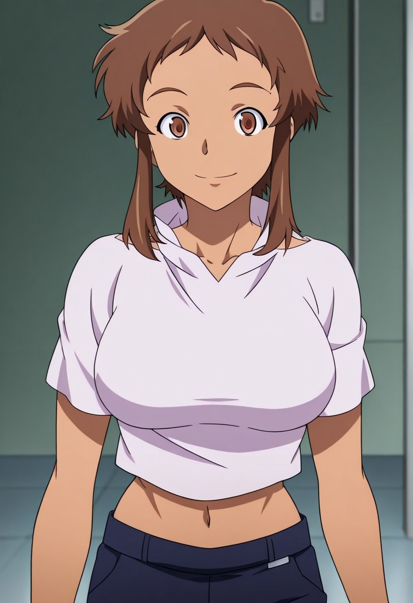 1girl, solo, brown hair, brown eyes, brown eyebrows, looking at viewer, short hair, short hair with long locks, sidelocks, midriff, smile, short hair, light brown skinned body, light skinned female, light brwon skin, anime coloring, blue pants, pants, shirt, white shirt, perfect eyes, perfect eyebrows, navel, midriff, big breasts,