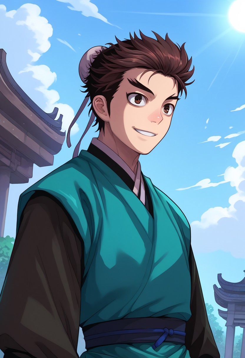 score_9, score_7_up, source_anime, 
mokyoo, 1boy, male focus, solo, brown eyes, brown hair, hair bun, single hair bun, chinese clothes, robe, green robe, shirt, brown shirt, long sleeves, smile, day, 
outdoor, japan, temple, sky, sun, clouds,