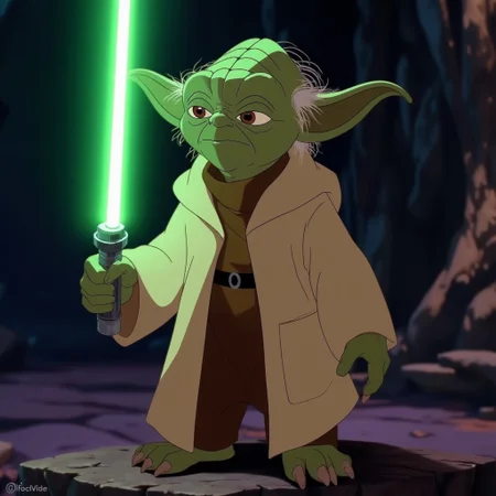 egdisney, Star Wars Yoda with a light green light saber, action pose, standing on a spaceship dark background, detailed clothing, Green skin, wrinkles
