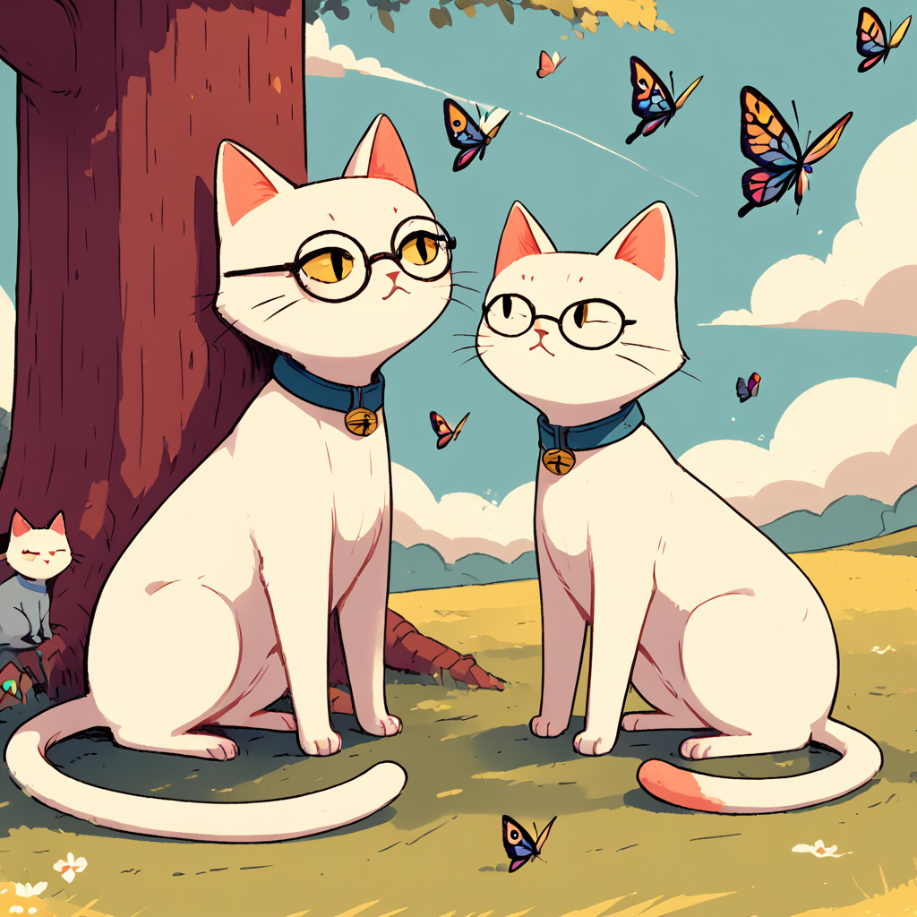 TarotArtStyleCats, outdoors, butterfly, 1girl, glasses, white cat, simple art style <lora:ArtStyleCats:1>