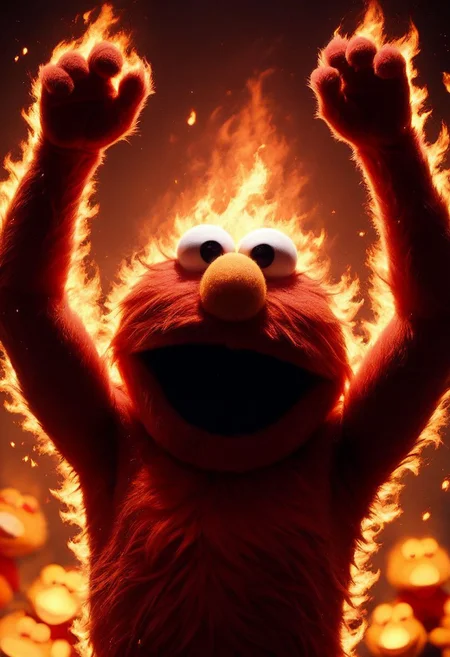 score_9, score_8_up, elmo, muppet, cute, naked, demonic laugh, arms up, upper body, (((flames in the background))),  red sky, surrounded by fire, fire in the background, everything on fire, debris in the air, mad-flames, photo