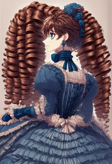 cartoon an older teenage boy with brown hair styled in long, thin cylinder drill curls and ringlet curls that fall to his waist and in a high ponytail. The boy has blue eyes and is wearing a Victorian-style blue dress with a high collar, adorned with lace and a low-cut back. He is wearing teardrop earrings and has his hair pulled back into a few cylinder drill curls over his shoulders.