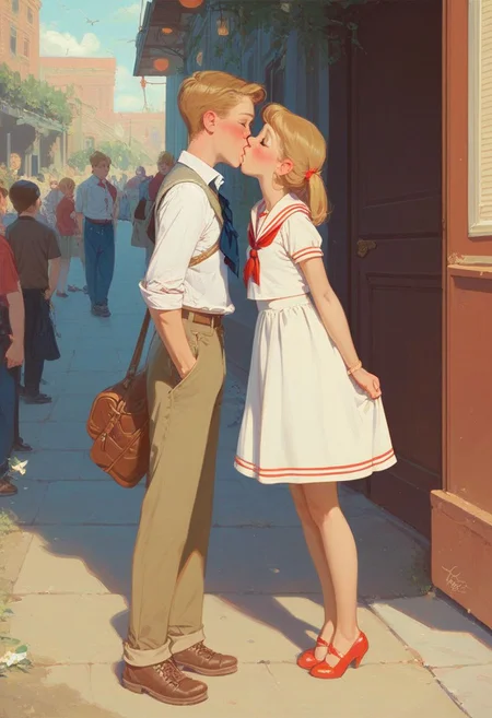 score_9, score_8_up, score_7_up,girl kissing with man in a square in new-York,girl kiss with sailor, (((size difference, age difference,age difference ,  youthfull, flat chest, cute girl))), 1950 outfit, girl in dress, stockings, sailor, sailor uniform, 
, looking at viewer, full body, outside, crowded square , 50's new-York , Theodore Robinson Style, norman rockwell style 
,