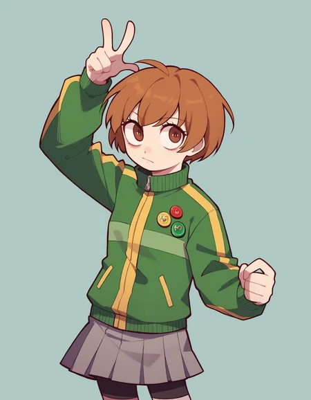 zPDXL, score_9, score_8_up, score_7_up, source_anime, 4k, absurdres, 1girl, solo,
<lora:CWew:0.9> cwew,  <lora:zs_ChieXL:0.6> chiedef, brown hair, short hair, brown eyes, track jacket, green jacket badges, skirt, houndstooth, bike shorts, white socks, grey skirt, round eyes,