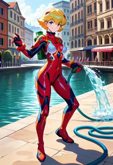 <lora:Megaman_Legends>,megaman_legends,(looking at viewer:1.2),(close-up:1.2),score_9, score_8_up, score_7_up, source_ super mario sunshine, (a mature female lady with a water tank on her back ),BREAK, animated painting, (smile:1.6), (standing:1.3), (contrapposto;1.3), (fighting pose:1.7), (good finger:1.2), (five fingers:1.2), (perfect anatomy:1.5), (Beautiful girl:1.4), (blonde short hair:1.6), ((ultra detailedtanned)), ((extremely detailed CG)), skin, authentic skin texture, gradient eyes, ((beautiful detailed eyes)), faint lips, ((Premier Quality)), (Ultra High Definition), ((perfect anatomy)), (solo), BREAK, heterochromia, (diving equipment on her ), ((full body clothed)), ((wet suit:1,8)), (tactical gear), (tank pack), ((red right eyes, blue left eyes)),BREAK, (background inspired by place Delfino and Venice :2,3)(big pipeline, water, harbor, hose, cartoon town), BREAK, ( evangelion_style:0,3), mecha musume, ( Megaman Legends 2 style: 1,6), ( aria the masterpiece style:1.4),soft skin, skindentation, thicc