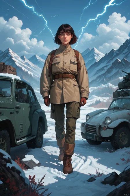 snow, science fiction, mountain, military vehicle, military, comic, scenery, motor vehicle, cloud, sky, outdoors, lightning, robot, <lora:S1_Dramatic_Lighting_v2:0.15> s1_dram, zPDXL3, detailxl,  Score_PnyReal,