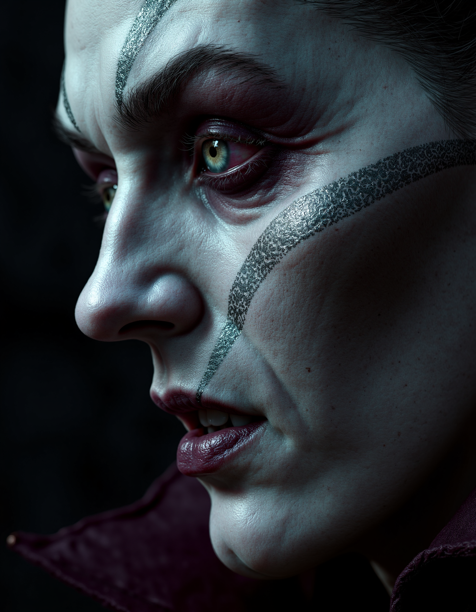 zavy-vmpr, Extreme close-up of a face in side profile, a gothic vampire with intricate silver filigree tattoos tracing his jaw and neck, a piercing gaze that blends seduction and menace, captured in a chiaroscuro style emphasizing dramatic shadows and highlights, a rich palette of deep burgundy and midnight blue with hints of iridescent silver.