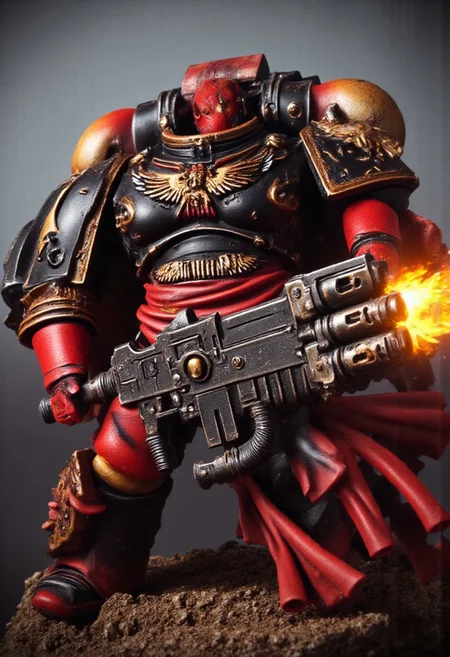 Absurdres, score_9_up, source: Games Workshop, Warhammer 40K, male Legion of the Damned phantom space marine firing a melta, black armor, burned, volumetric lighting, project unreal engine, bokeh,