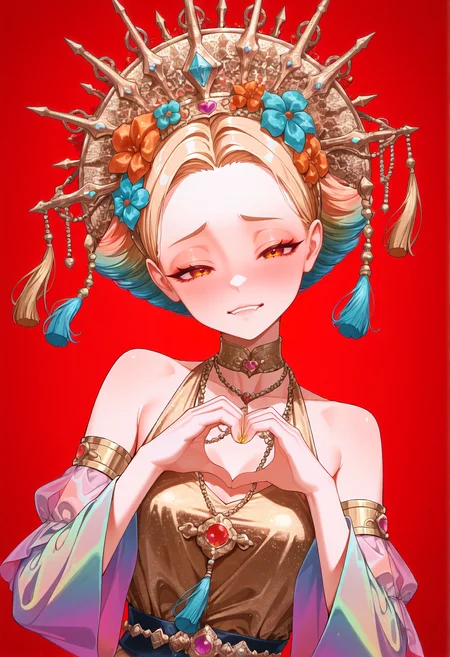 dutch angle, 1girl,solo,looking at viewer,coral eyes,short hair,ash blonde,Headdress,hand heart hands ,Carthamus flower,quiff hair ,aroused, in pleasure, horny, (raised inner eyebrows), closed eyes, shy, nervous, (biting own lip:1.3), upper teeth only, biting lip, blush,tassel,ribbon,close-up,colorful,red background, multicolored hair,nail polish, fingernails,beige nails, Arm sleeves, Infinity necklaces, cocktail dress,
<lora:cuso4XLNBVP1lokrV6311PZ:0.5>,
<lora:NOOB_vp1_detailer_by_volnovik_v1:0.5>,
<lora:TrendCraft_The_Peoples_Style_Detailer-v1.0A-3_13_2025-NoobVPRED:1>,