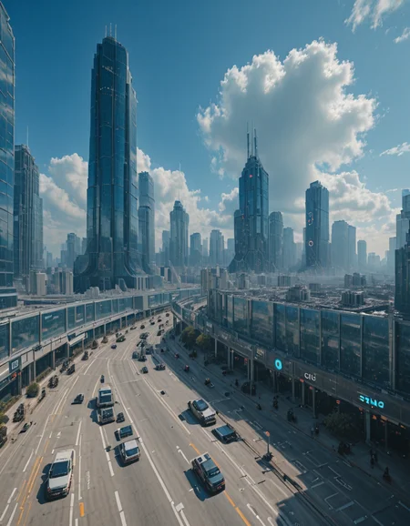 <lora:CW_03_lunisilla:1> lunisdst. This photo depicts a sprawling futuristic city under a bright blue sky filled with fluffy clouds. The scene is dominated by an enormous, sleek skyscraper with glowing blue lights and complex geometric designs, towering far above the other high-rises in the background. The architecture features a mix of glass and metal, creating a glossy, ultra-modern look throughout the skyline.
In the foreground, thereâs a large, open plaza or terminal area with multiple lanes and modular structuresâpossibly a transportation or logistics hubâlined with low-rise commercial buildings. The streets are clean and orderly, with a few vehicles and sparse pedestrian activity, giving the city a calm, efficient atmosphere. The lighting is bright and clear, suggesting midday, and thereâs a surreal, slightly cinematic feeling to the composition due to the sharp reflections and slight lens distortion in the sky. The overall vibe is very "sci-fi metropolis meets grounded realism.