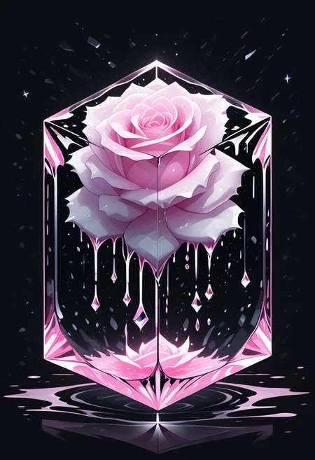 (masterpiece), best quality, Anime, Illustration, (Floating Cube, Crystal, Magic, Reflection, Melting, Dripping, Pink Rose), Black Background, No Humans, Starry Theme, (Light Refraction), White and Pink Theme, Natural Lighting, Verynsty