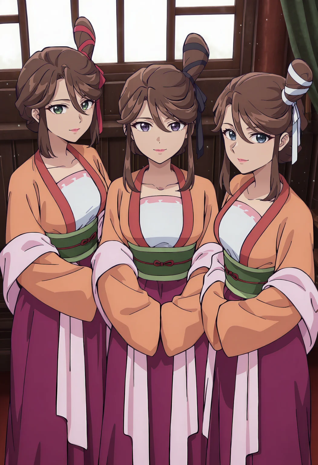 best quality, amazing quality, perfect quality, high quality, masterpiece, absolutely eye-catching BREAK
<lora:The_Apothecary_Diaries_-_Sekiu_Kokuu_Hakuu:1> ApothecarySKH, green eyes, purple eyes, blue eyes, brown hair, long hair, single side bun, sidelocks, parted bangs, pink lipstick, red hair ribbon, black hair ribbon, white hair ribbon, medium breasts BREAK
chinese clothes, orange hanfu, white undershirt, long sleeves, wide sleeves, green obi, pink shawl, purple long skirt BREAK
indoors, window, curtains, sunbeam, light particles BREAK
3girls, light smile, looking at viewer, dutch angle, from above