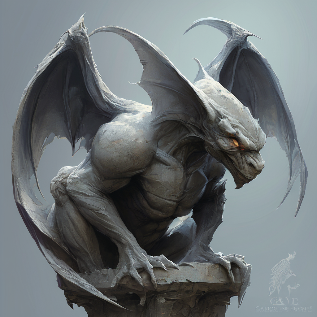 <lora:artfullygargoyle_sdxl_v1:1>,Logo,Gargoyles are magical creatures that were originally created by a very powerful cleric from stone statues. The first gargoyles were terrible winged stone monsters,designed to protect holy places from evil spirits. Still,during a huge magical battle,their inner being was altered and they became fully conscious creatures that have a very high affinity for magic. After centuries of magical modifications and enhancements,gargoyles are nowadays a very much changed race that is not warlike at all but rely entirely upon magic,