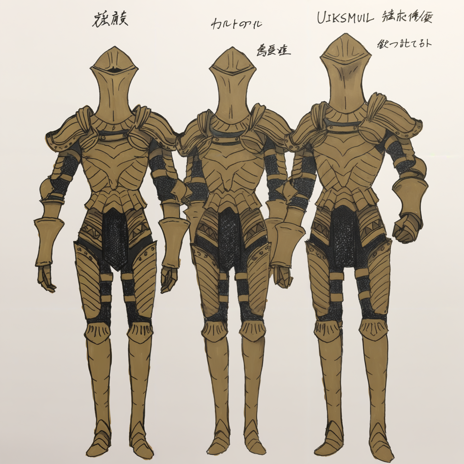 masterpiece, best quality, uielis, 1other, solo, gold helmet, covered face, gold breastplate, gold shoulder armor, gold gauntlets, gold faulds, gold greaves, chainmail, graphite \(medium\), simple background, character sheet, multiple views <lora:Ruin Sentinels:1>