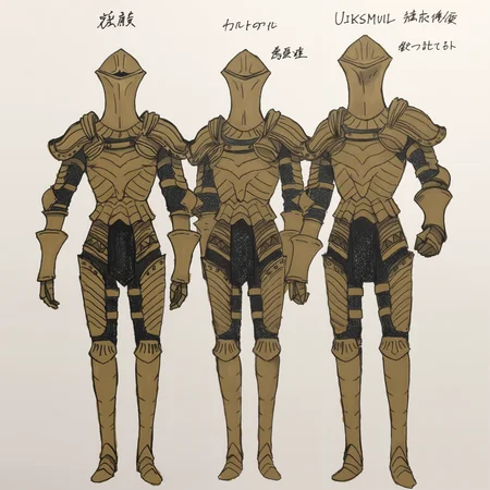 masterpiece, best quality, uielis, 1other, solo, gold helmet, covered face, gold breastplate, gold shoulder armor, gold gauntlets, gold faulds, gold greaves, chainmail, graphite \(medium\), simple background, character sheet, multiple views <lora:Ruin Sentinels:1>