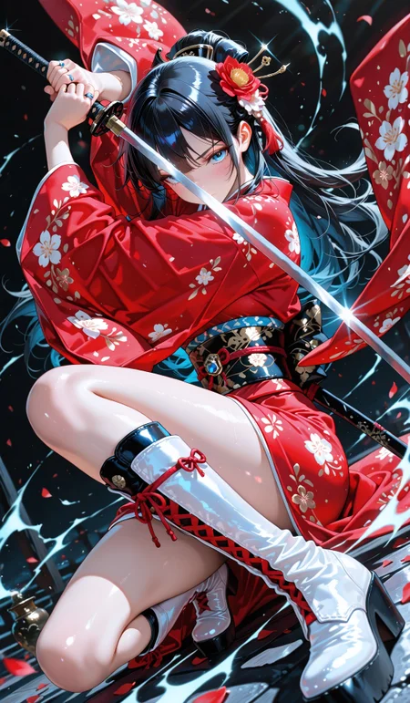 lazypos, best quality, refined detailed, high quality, highres, cinematic lighting, absurdres, 8k, detailed, highest definition, high resolution, scenery, source_anime, absurd_res, masterpiece, best quality,high quality, newest, highres,8K,HDR,absurdres,1girl, hair ornament, weapon, hair flower, sword, holding, flower, japanese clothes, solo, kimono, black hair, looking at viewer, holding weapon, holding sword, floral print, katana, ring, bangs, jewelry, blue eyes, long hair, closed mouth, blush, glint, petals, long sleeves, red kimono, black background, wide sleeves, boots, obi,motion blur, dynamic pose, dynamic composition,dutch angle, depth of field,white_theme,detailed backgroud,foreshortening,blurry edges,((4k,8k,Ultra HD)), ((Masterpiece :1.2)),((Best quality :1.2)),((Detailed :1.4)),((dynamic pose:1.4)),((Detailed background :1.4)), digital art, surreal, dynamic composition, beautiful atmosphere