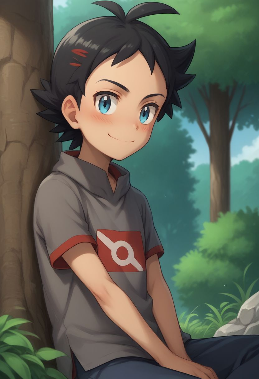 score_9, score_8_up, source_anime, highly detailed, 1boy, solo, skinny, human child,
go2, blue eyes, smile, male focus, closed mouth, tree, shirt, short sleeves, black hair, grey shirt, eyelashes, blush, smile, hand behind head,
outdoor, sit, rocks,