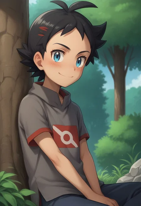 score_9, score_8_up, source_anime, highly detailed, 1boy, solo, skinny, human child,
go2, blue eyes, smile, male focus, closed mouth, tree, shirt, short sleeves, black hair, grey shirt, eyelashes, blush, smile, hand behind head,
outdoor, sit, rocks,